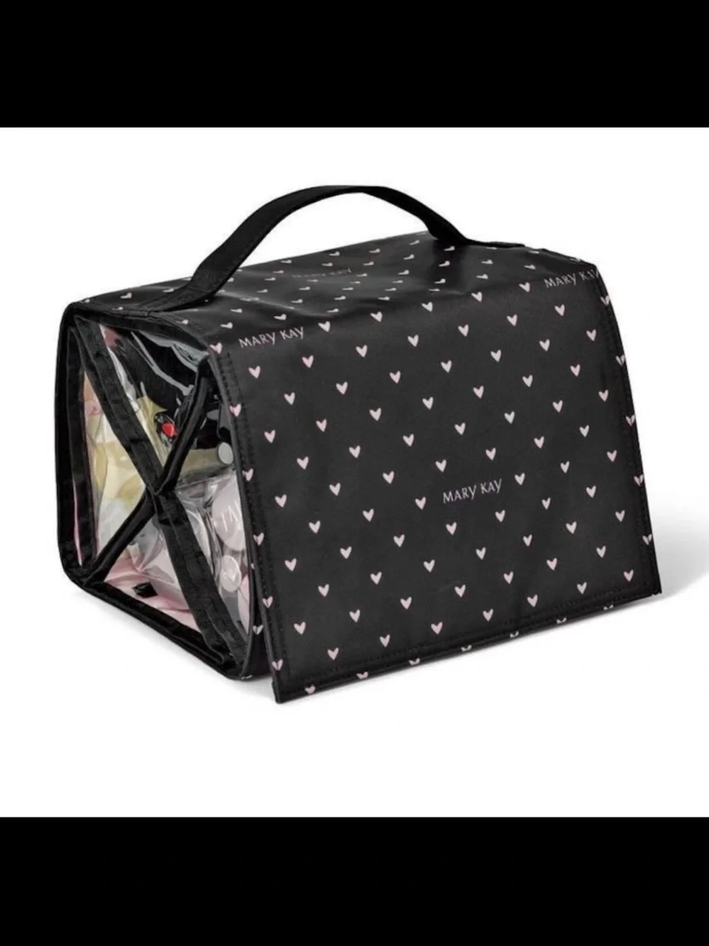 Mary Kay Black Cosmetic Carry Case with Pink Heart Print